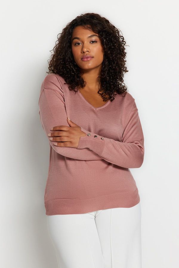 Trendyol Trendyol krivulja Dusty Rose V-Neck Button Podroben pulover za pletenine