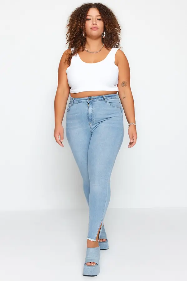 Trendyol Trendyol krivulja svetlo modra reža in detajl tassel fleksibilne skinny jeans kavbojke