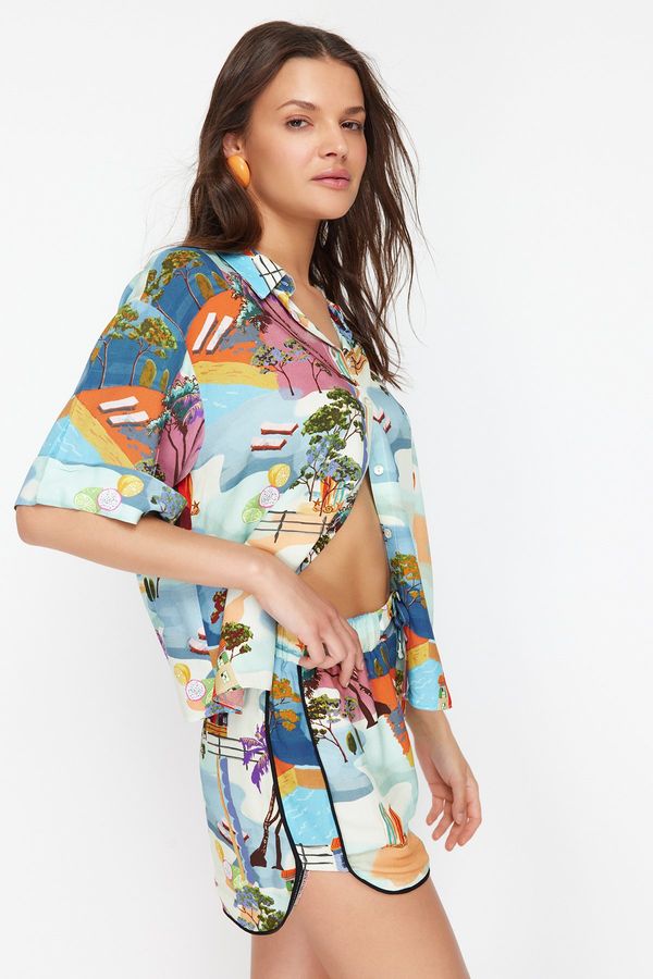 Trendyol Trendyol Landscape Patterned Woven Shirt Shorts Set