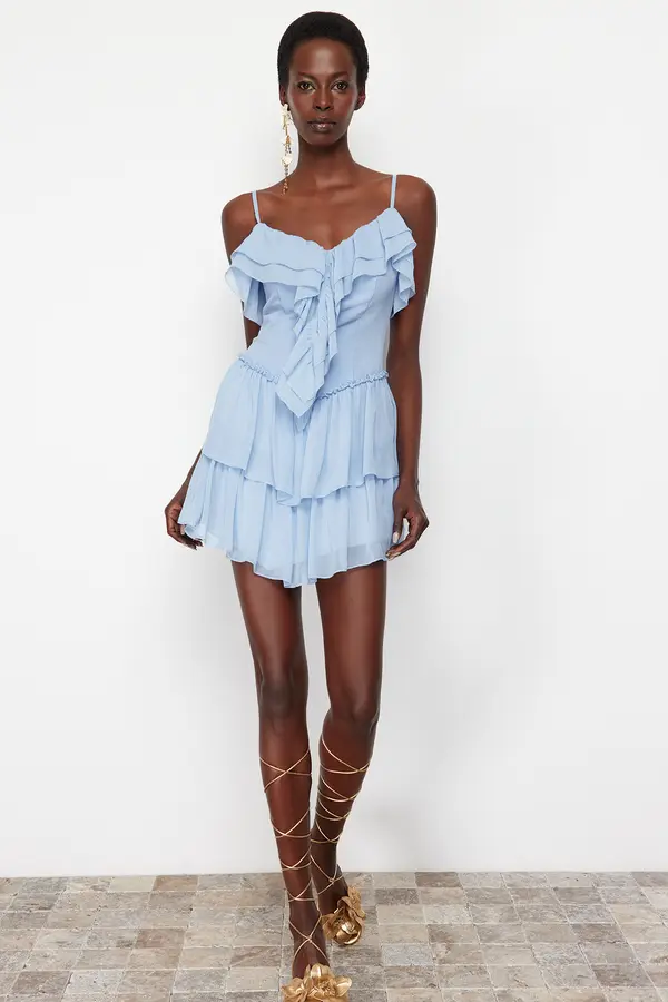 Trendyol Trendyol Light Blue A-Line Ruffled Woven Chiffon Short Dress
