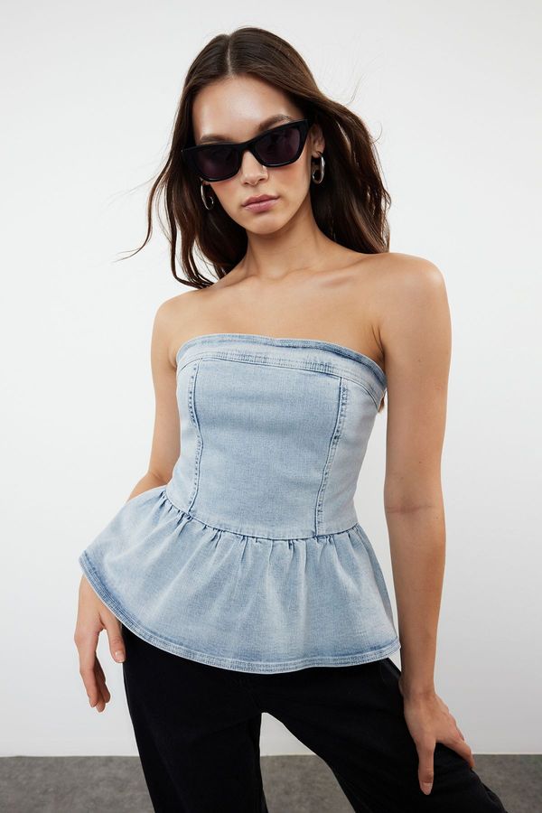 Trendyol Trendyol Light Blue Balloon Skirt Strapless Collar Denim Bustier