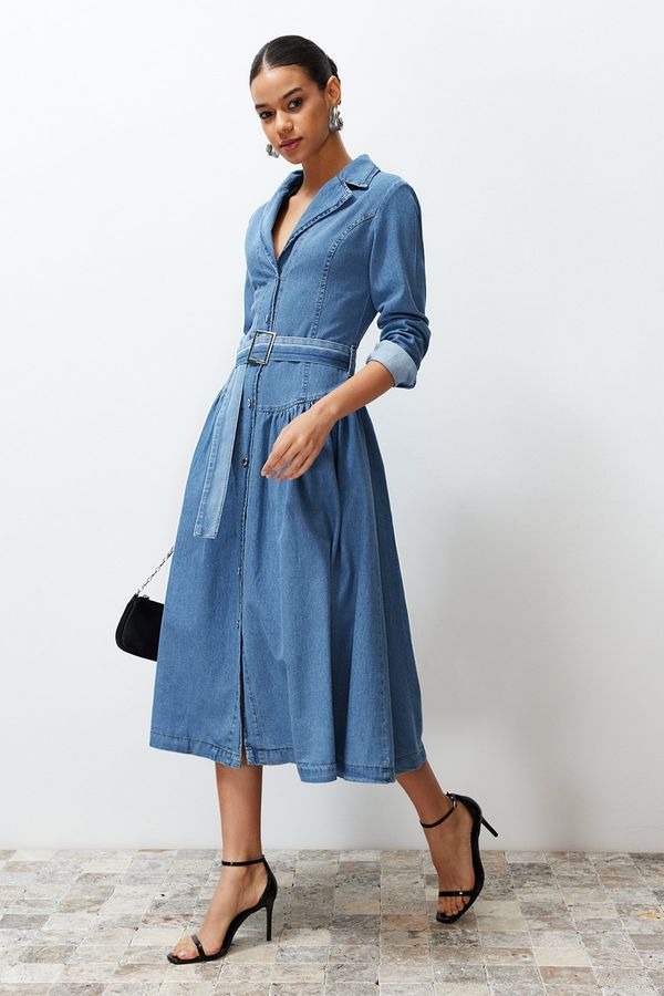 Trendyol Trendyol Light Blue Belted Maxi Denim Dress