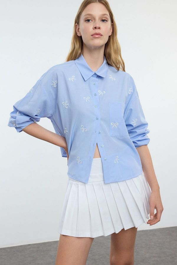 Trendyol Trendyol Light Blue Bow Embroidery Detail Crop Woven Shirt Shirt