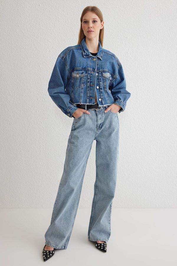 Trendyol Trendyol Light Blue Dart Detail High Waist Long Straight Jeans