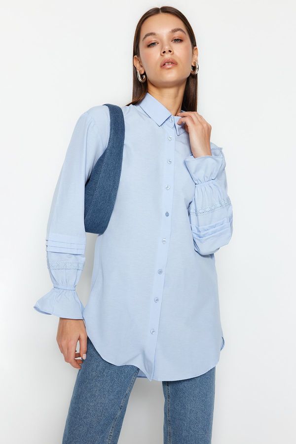 Trendyol Trendyol Light Blue Embroidered Woven Cotton Shirt