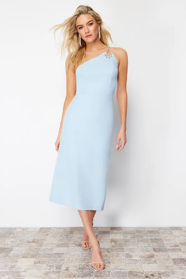 Trendyol Trendyol Light Blue Fitted Woven Shiny Stone Woven Elegant Evening Dress