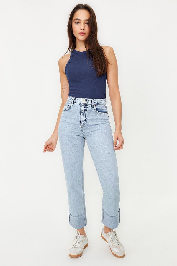 Trendyol Trendyol Light Blue Folded Leg High Waist Straight Jeans