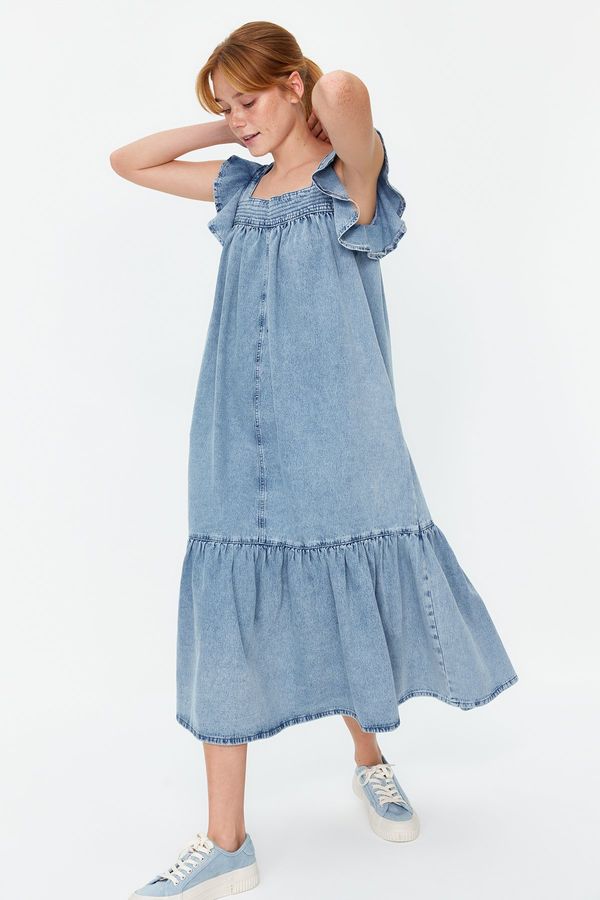 Trendyol Trendyol Light Blue Frilly Oversize Maxi Denim Dress