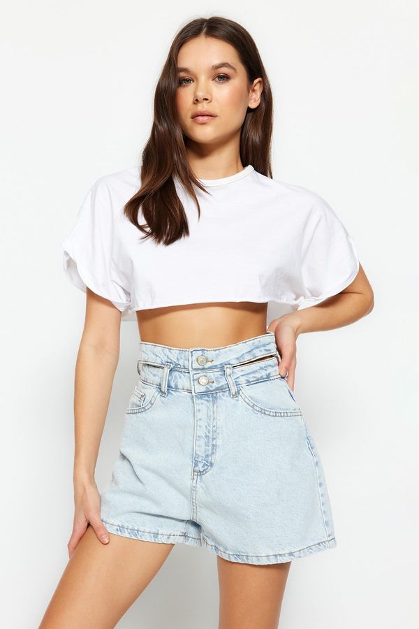 Trendyol Trendyol Light Blue High Waist Denim Shorts With Waist Detail