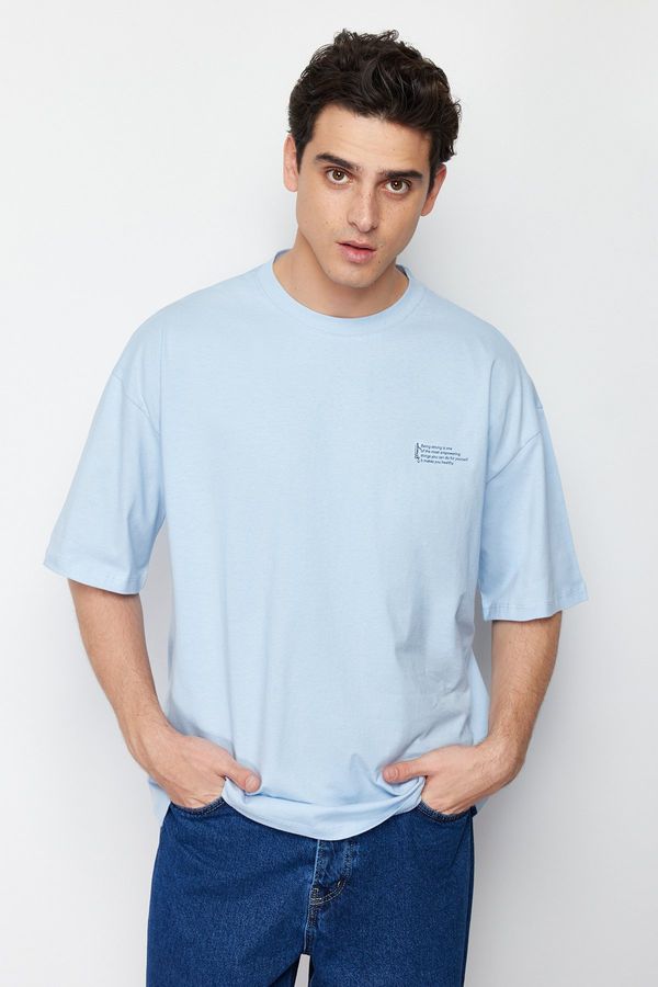 Trendyol Trendyol Light Blue Oversize 100% Cotton Crew Neck Minimal Text Printed T-Shirt