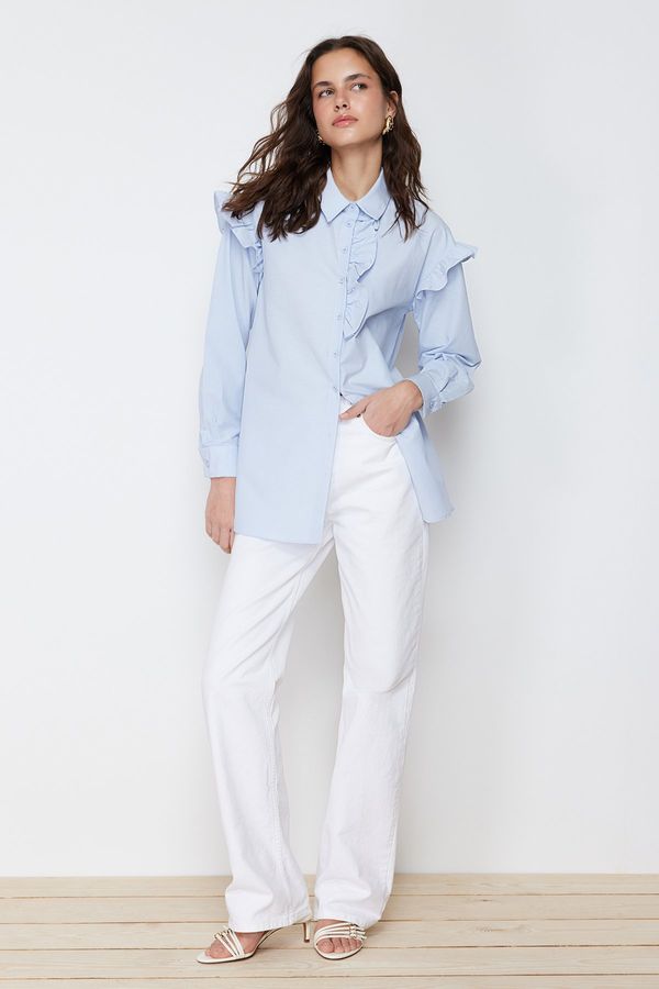 Trendyol Trendyol Light Blue Pearl Detailed Cotton Woven Shirt