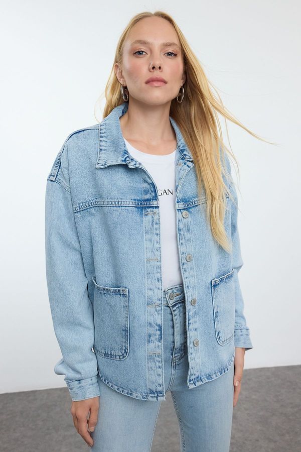 Trendyol Trendyol Light Blue Pocket Detailed Oversize Denim Jacket