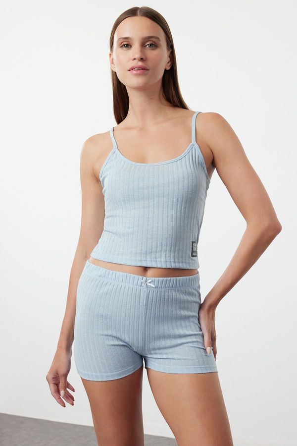 Trendyol Trendyol Light Blue Ribbon/Bow Labeled Fitted/Fits Body Ribbed Knitted Pajama Set