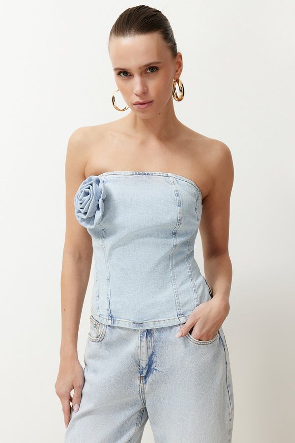 Trendyol Trendyol Light Blue Rose Detailed Strapless Denim Blouse