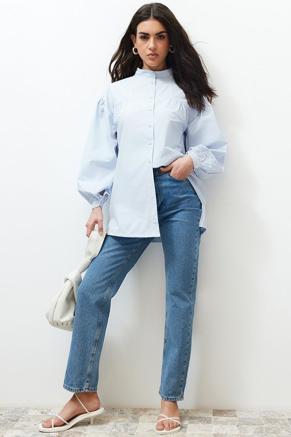 Trendyol Trendyol Light Blue Ruffle Detailed Cotton Basic Woven Shirt