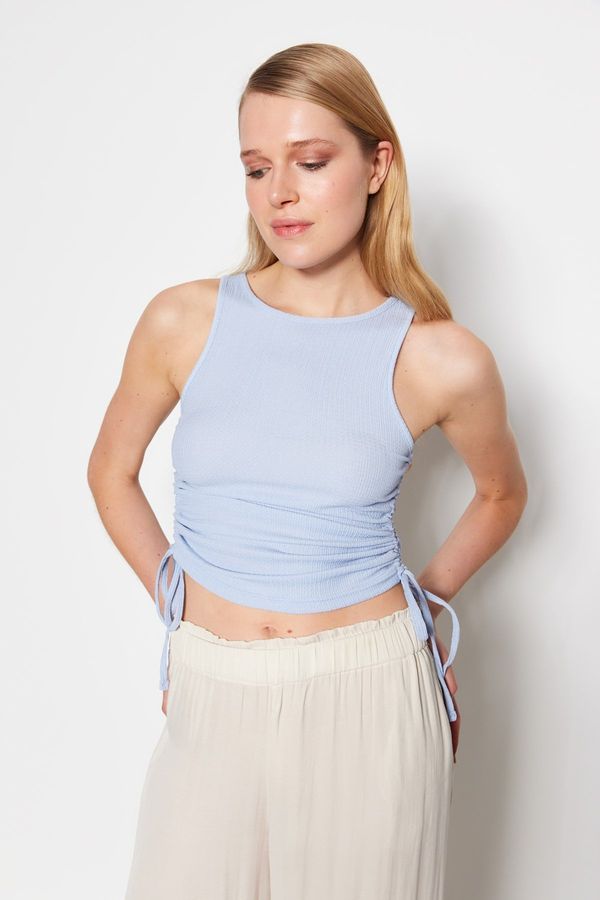 Trendyol Trendyol Light Blue Shirring Detail Crescent Fabric Crop Knitted Blouse
