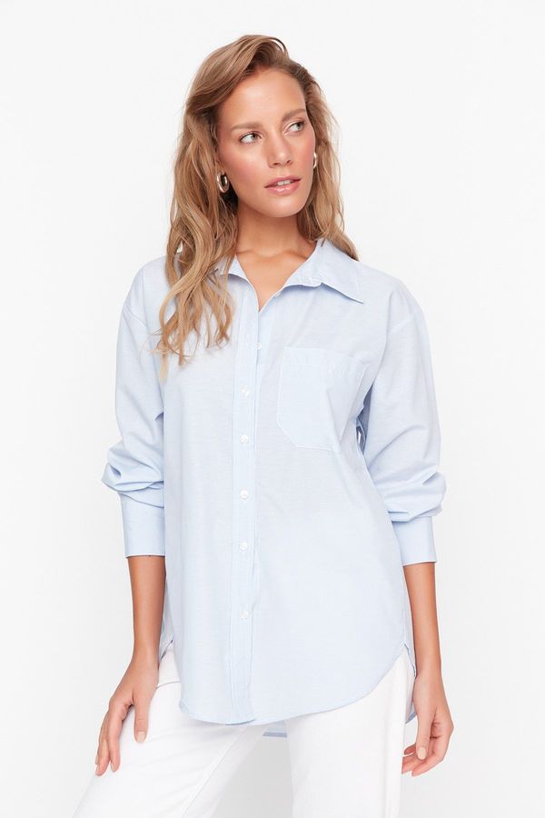 Trendyol Trendyol Light Blue Slim Striped Single Pocket Boyfriend/Wide Fit Cotton Woven Shirt