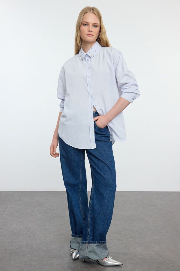 Trendyol Trendyol Light Blue Stone Detailed Oversize Woven Shirt