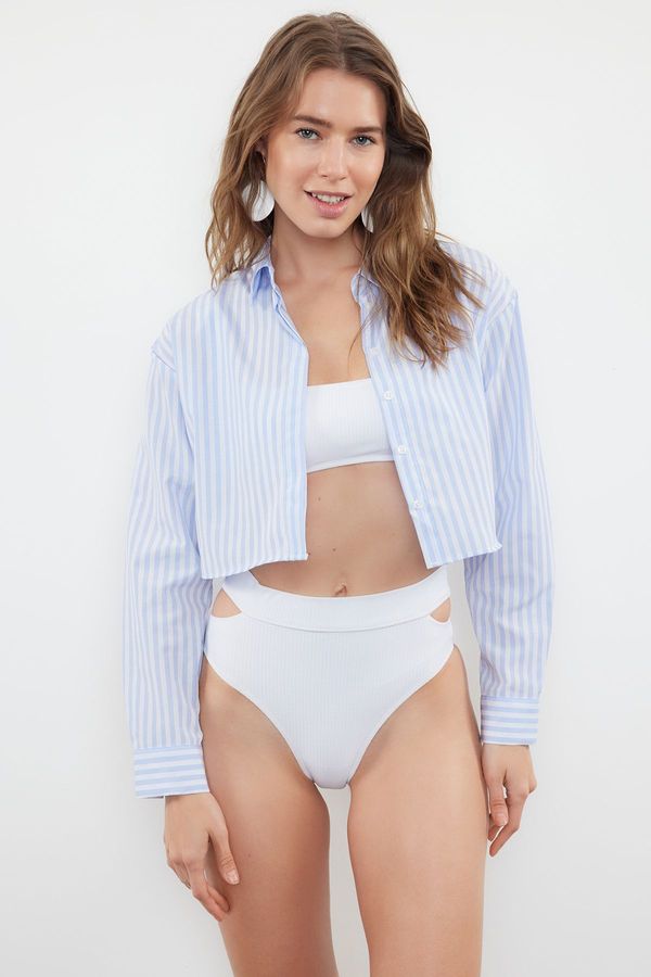 Trendyol Trendyol Light Blue Striped Crop Woven Backless Linen Look Shirt