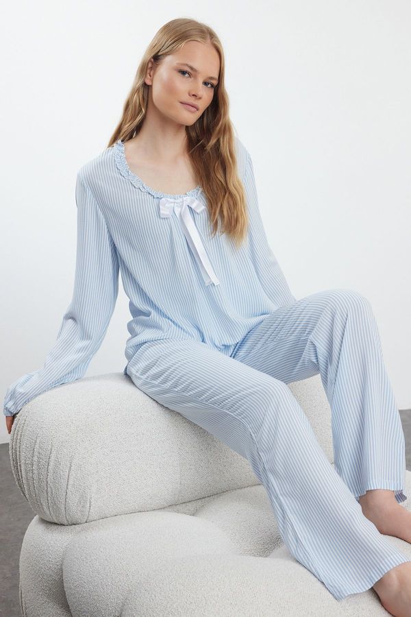 Trendyol Trendyol Light Blue Striped Ruffle and Ribbon/Bow Detailed Woven Pajama Set