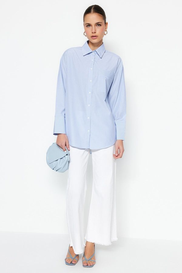 Trendyol Trendyol Light Blue Wide Cuff Woven Cotton Striped Shirt