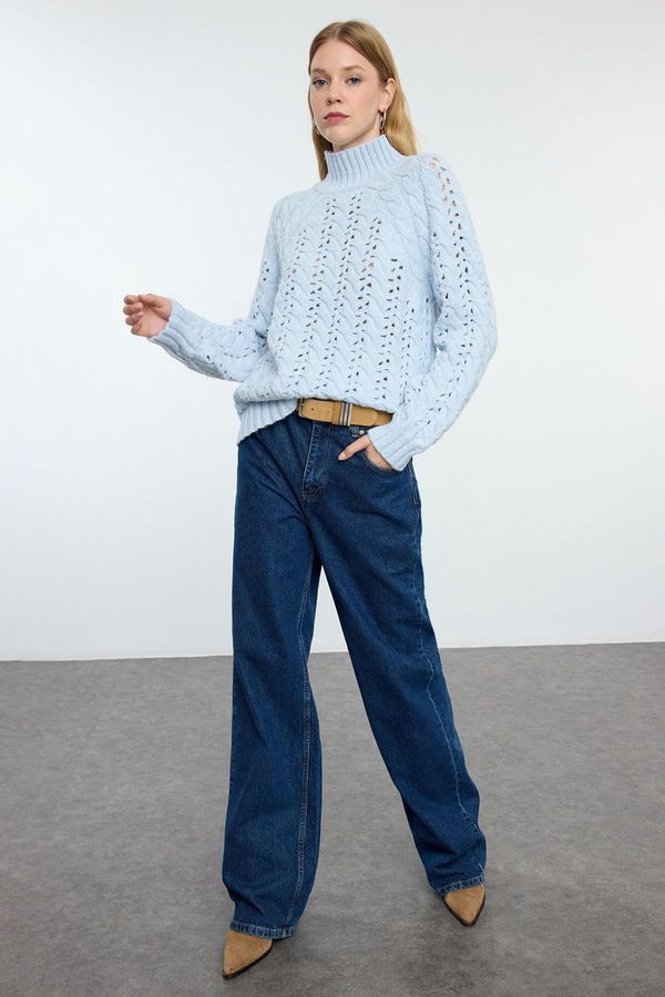 Trendyol Trendyol Light Blue Wide Pattern Openwork/Hole Stand Collar Knitwear Sweater