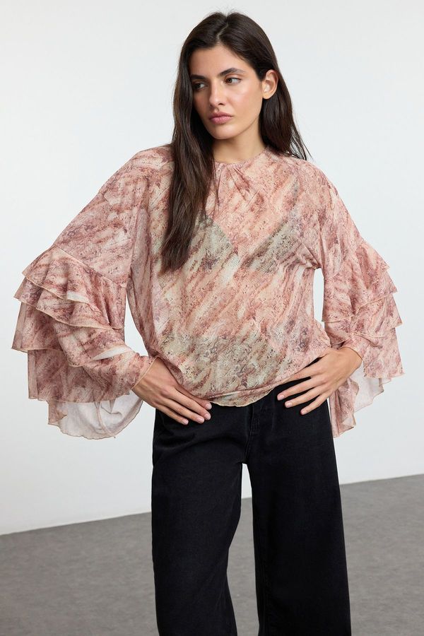 Trendyol Trendyol Light Brown Animal Ruffle Detailed Blouse