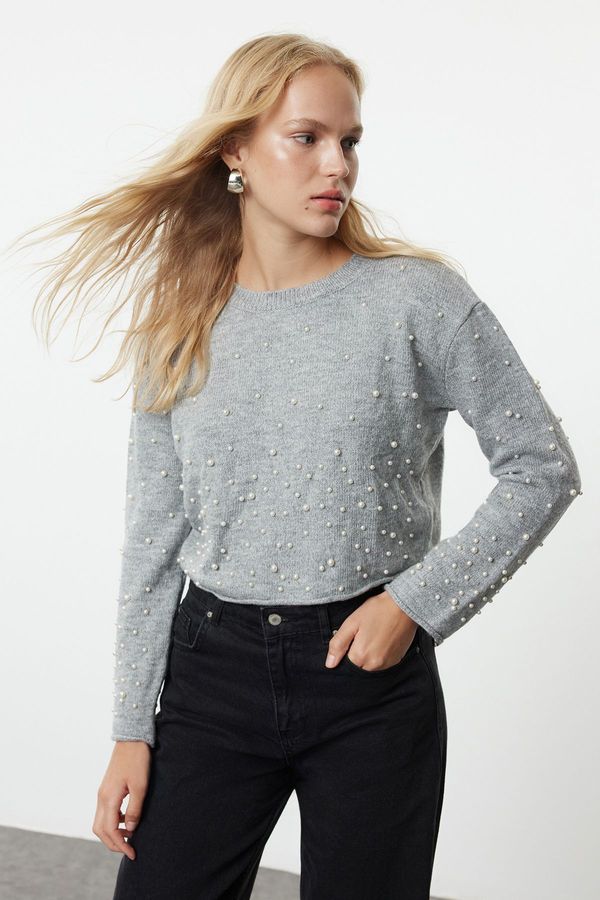 Trendyol Trendyol Light Gray Crop Stone Embroidered Knitwear Sweater