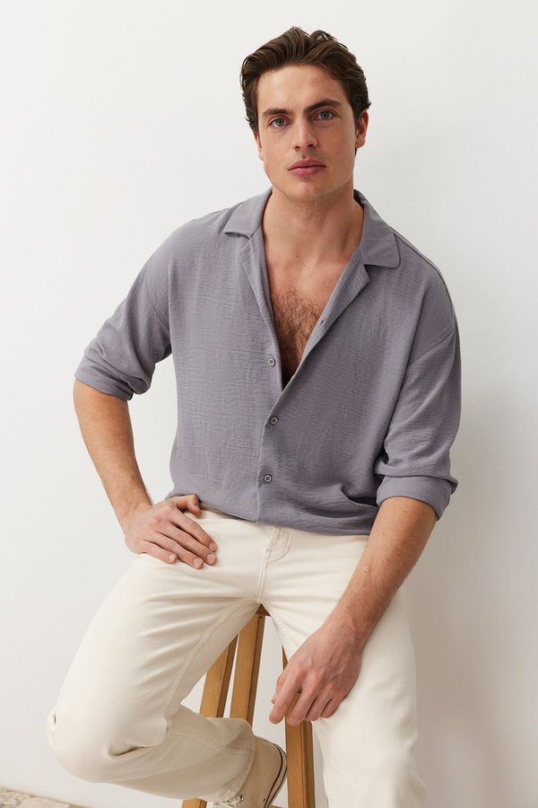 Trendyol Trendyol Light Gray Oversize Fit Open Collar Summer Linen Look Shirt