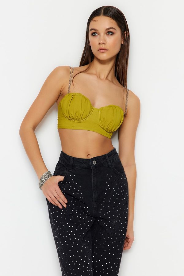 Trendyol Trendyol Light Green Crop Lined Woven Shiny Stone Bustier