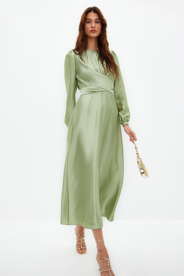 Trendyol Trendyol Light Green Cross Tie Detailed Satin Look Evening Dress