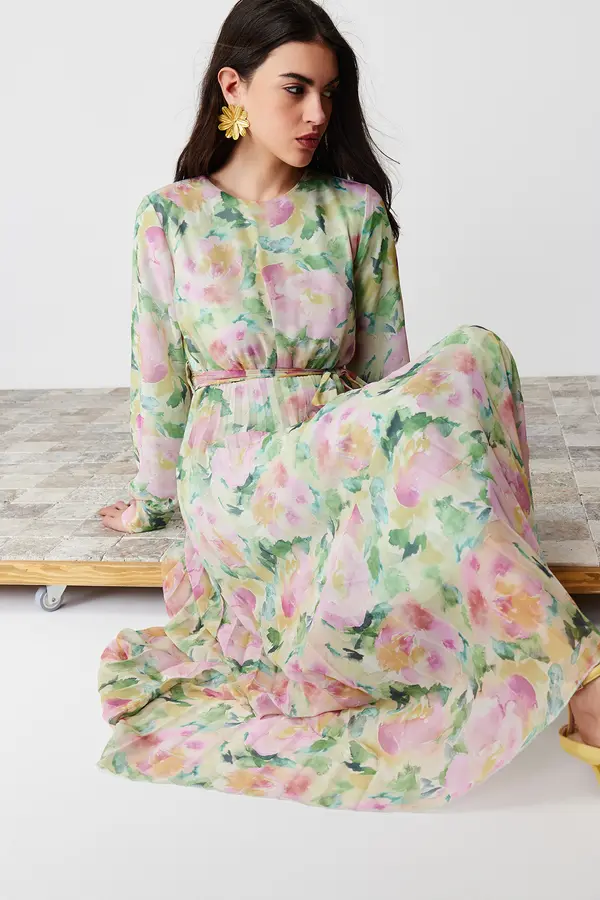 Trendyol Trendyol Light Green Floral Belt Detailed Lined Pleated Chiffon Woven Dress