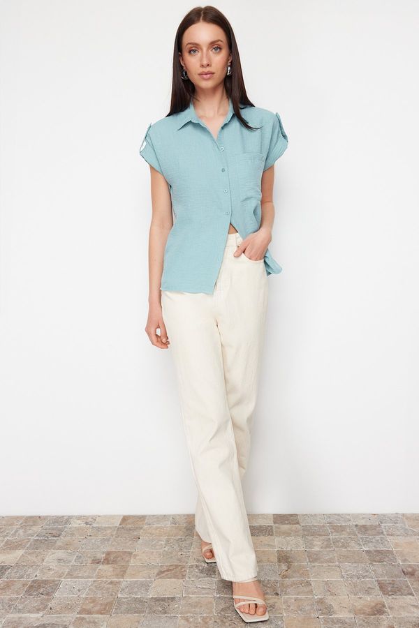 Trendyol Trendyol Light Green Linen Look Short Sleeve Basic Woven Shirt