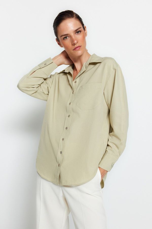 Trendyol Trendyol Light Khaki Single Pocket Boyfriend/Wide Fit Cotton Woven Shirt