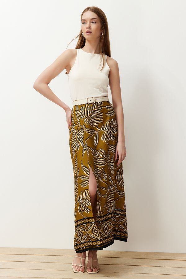 Trendyol Trendyol Light Khaki Slit Patterned Viscose Fabric Maxi Woven Skirt