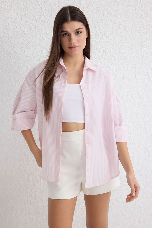 Trendyol Trendyol Light Pink Basic Striped Oversize Wide Pattern Woven Shirt