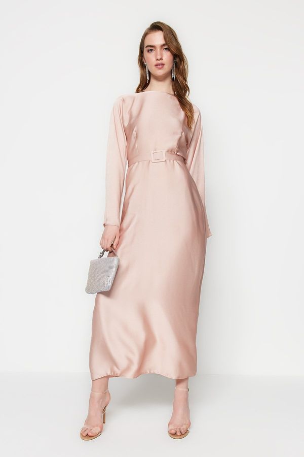 Trendyol Trendyol Light Pink Belted Satin Evening Dress