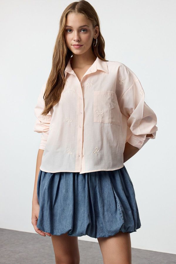 Trendyol Trendyol Light Pink Bow Embroidery Detailed Woven Shirt