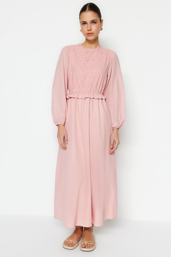 Trendyol Trendyol Light Pink Brode and Ruffle Detail Cotton Woven Dress
