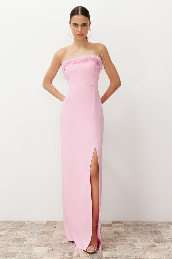 Trendyol Trendyol Light Pink Fitted Weave O-Neck Evening Evening Dress