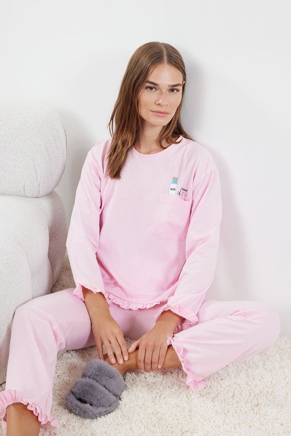 Trendyol Trendyol Light Pink Printed Pocket Single Jersey Knitted Pajama Set