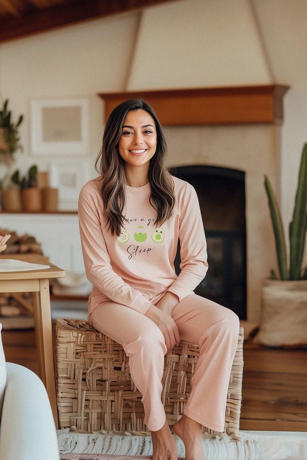 Trendyol Trendyol Light Salmon 100% Cotton Slogan and Avocado Printed Knitted Pajama Set