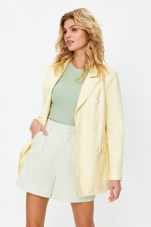 Trendyol Trendyol Light Yellow Double Breasted Closure Woven Lined Faux Leather Blazer Jacket