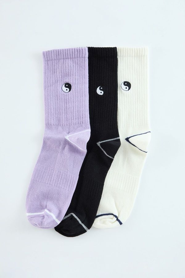 Trendyol Trendyol Lila Unisex 3-Piece Ying-Yang Embroidered Cotton Striped College-Tennis-Medium Size Socks