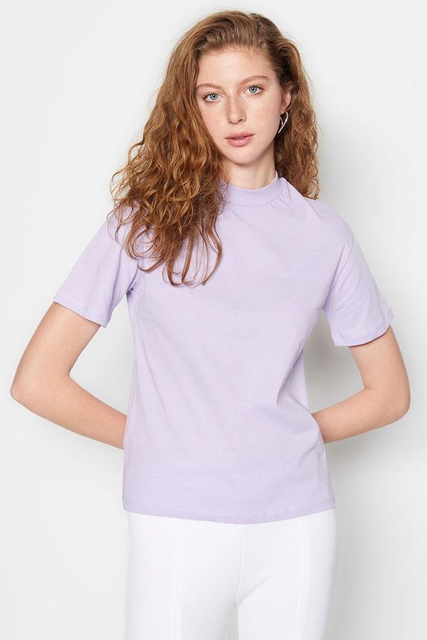 Trendyol Trendyol Lilac 100% Cotton Basic Stand Collar Knitted T-shirt