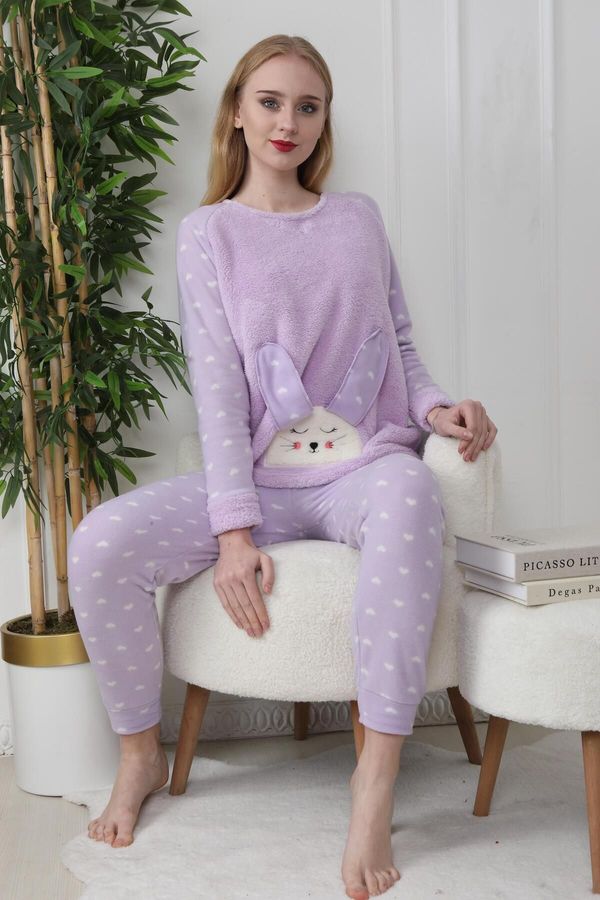 Trendyol Trendyol Lilac 3-Piece Heart Sleep Band Polar Winter Knitted Pajama Set