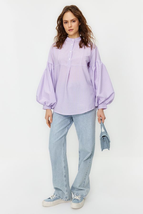 Trendyol Trendyol Lilac Balloon Sleeve Seersucker Woven Tunic