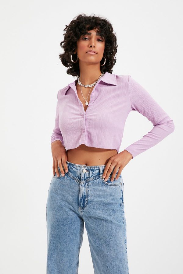 Trendyol Trendyol Lilac Button Fitted Polo Neck Wrap/Textured Crop Knitted Blouse