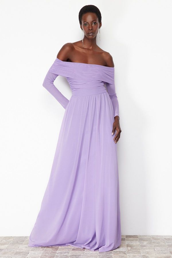 Trendyol Trendyol Lilac Carmen Collar Tulle Long Evening Evening Dress