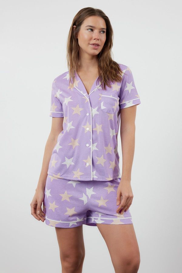 Trendyol Trendyol Lilac Cotton Star Pattern Knitted Pajama Set